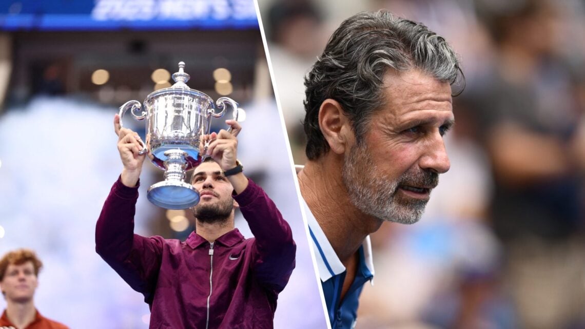 Left: Carlos Alcaraz lifts the US Open title and Right: Patrick Mouratoglou watches Naomi Osaka in action