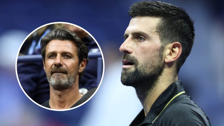 Novak Djokovic reacts at the 2025 US Open, with an inset of Patrick Mouratoglou looking on during the Women's Singles finals match between Serena W...