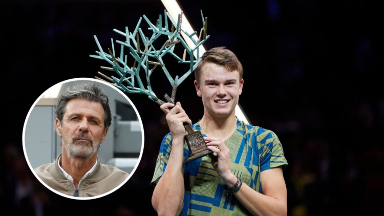Holger Rune holding the 2022 Paris Masters title, with an inset of Patrick Mouratogou looking on at the French Open.