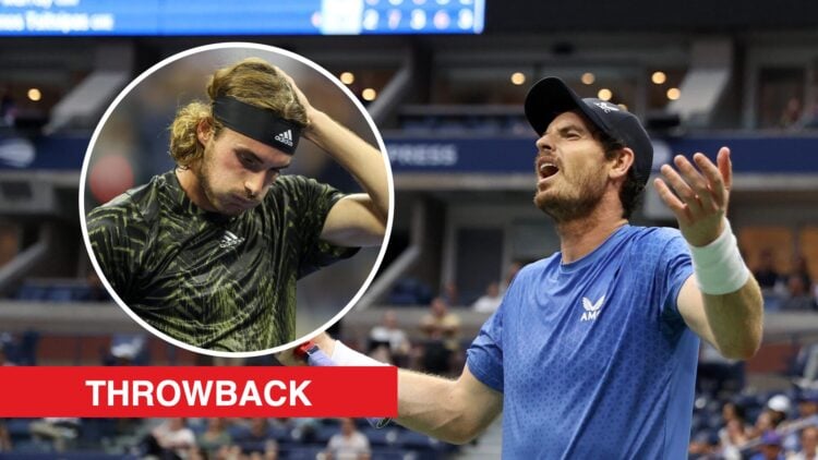 Andy Murray reacting during the first round of the US Open in 2021, with an inset of Stefanos Tsitsipas reacting during his first-round match with ...
