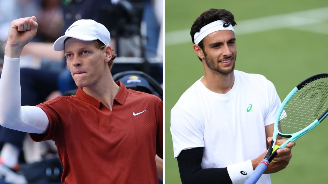 Left: Jannik Sinner celebrates another win and Right: Lorenzo Musetti at Wimbledon