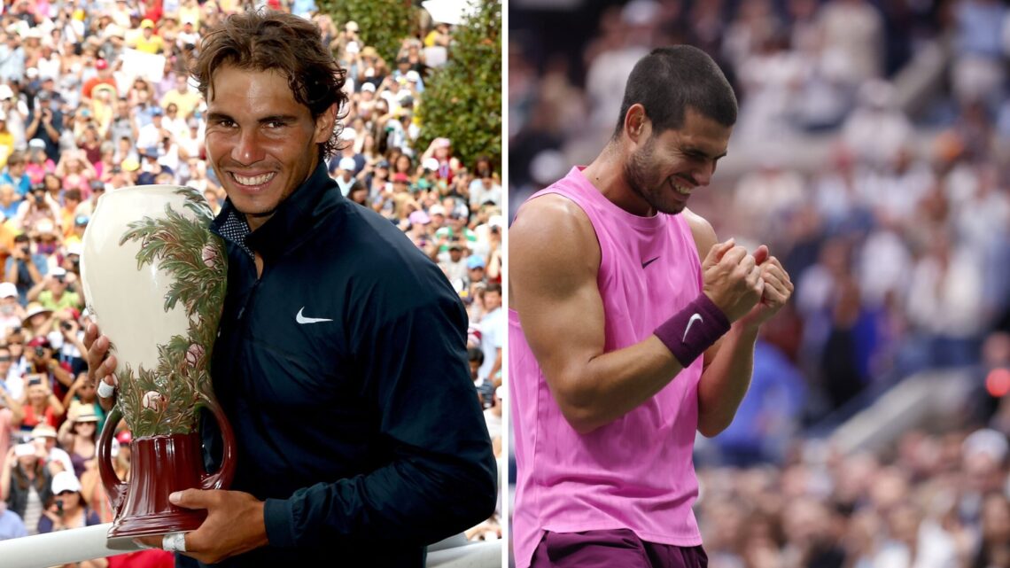 Left: Rafael Nadal holds aloft another trophy and Right: Carlos Alcaraz celebrates US Open title