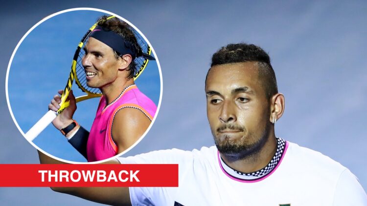 Nick Kyrgios celebrating after beating Rafael Nadal at the 2019 Mexican Open, with an inset of Rafael Nadal reacting at the 2019 Mexican Open, and ...