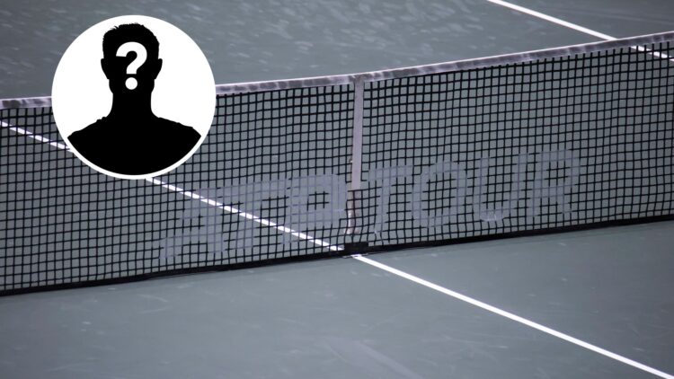 Close up at the net of a tennis court with the ATP TOUR inscription, with a mystery inset.