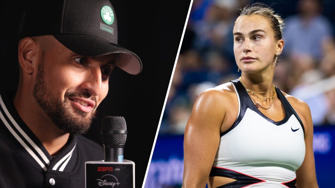 Split image of Nick Kyrgios is interviewed during the ESPN on Disney+ Launch Party at The Venue Alexandria and Aryna Sabalenka in action against Cr...