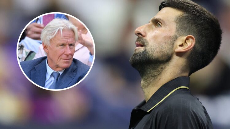 Image of Novak Djokovic reacting during his match with Cameron Norrie at the 2025 US Open, inset of Bjorn Borg watching on at the 2025 Wimbledon Ch...