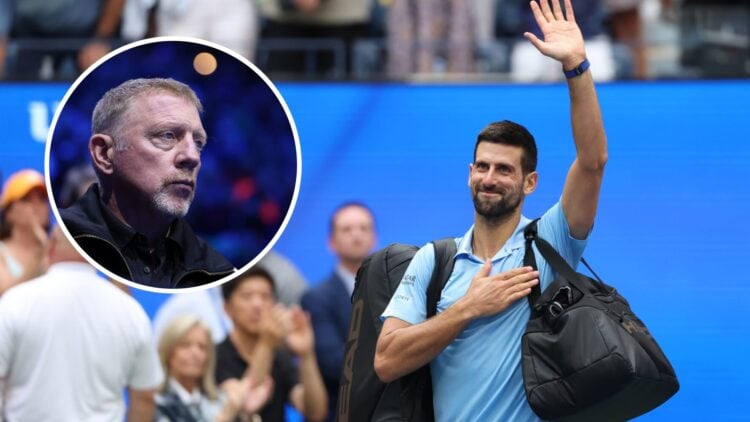 Image of Novak Djokovic acknowledging the crowd as he departs Arthur Ashe Stadium in 2025, inset of Boris Becker watching Holger Rune play Jannik S...