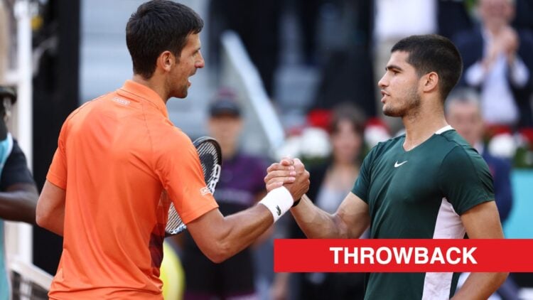 Novak Djokovic and Carlos Alcaraz shake hands after their 2022 ATP Masters 1000 match, throwback label