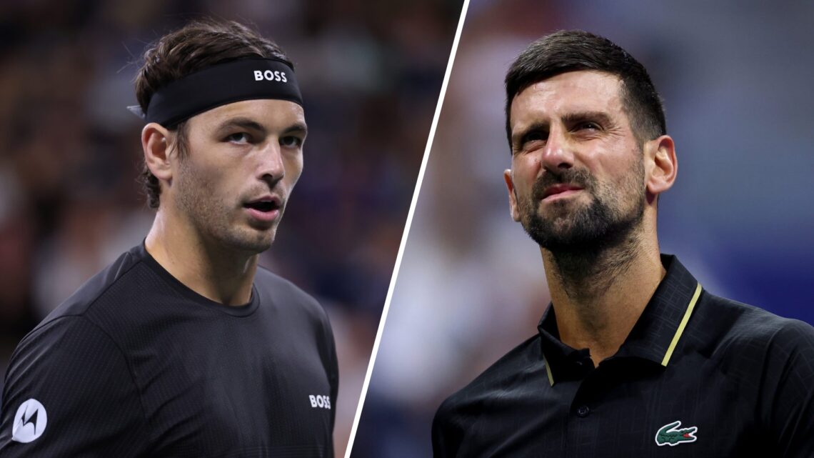 Split image of Taylor Fritz of the United States looks on against Jerome Kym of Switzerland during their Men's Singles Third Round match on Day Six...