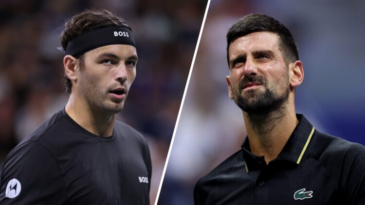 Split image of Taylor Fritz of the United States looks on against Jerome Kym of Switzerland during their Men's Singles Third Round match on Day Six...