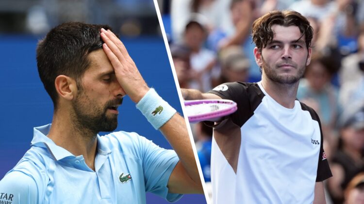 Split image of Novak Djokovic of Serbia reacts against Carlos Alcaraz of Spain during their Men's Semifinal match on Day Thirteen of the 2025 US Op...