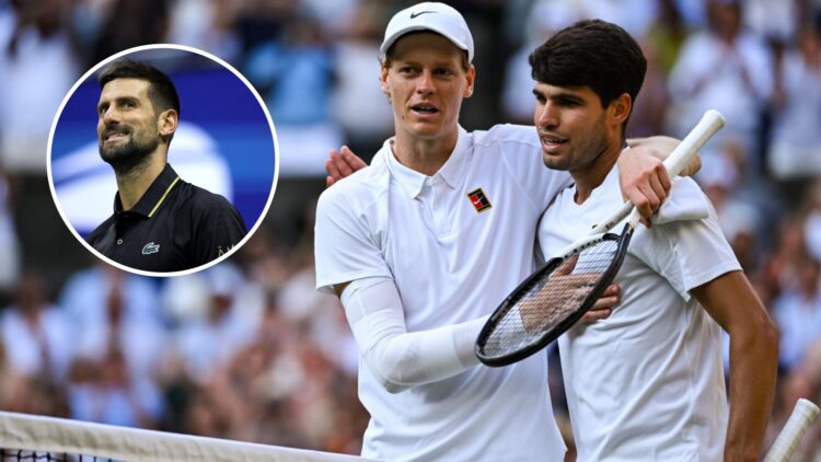 Jannik Sinner and Carlos Alcaraz embrace after the 2025 Wimbledon final, inset Novak Djokovic reacts at the 2025 US Open