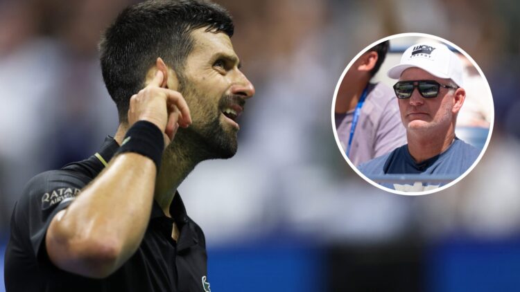 Image of Novak Djokovic reacting during his quarterfinal win at the 2025 US Open, inset of Mark Knowles watching Jessica Pegula play at the 2025 US...