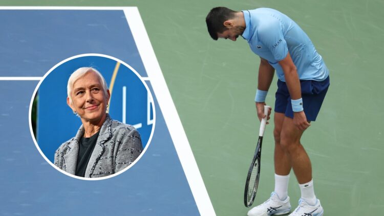 Image of Novak Djokovic reacting during his defeat to Carlos Alcaraz at the 2025 US Open, inset of Martina Navratilova appears at the Annual Legend...