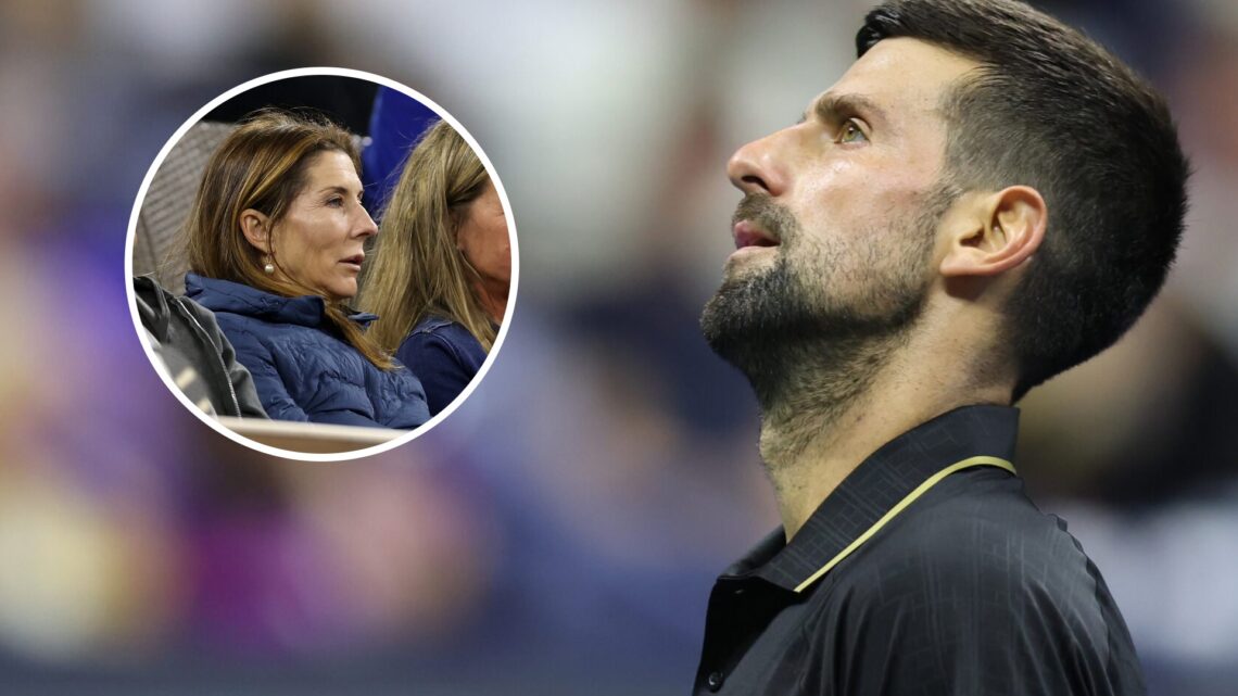 Image of Novak Djokovic reacting during his match against Cameron Norrie at the 2025 US Open, inset of Monica Seles watching Carlos Alcaraz play at...