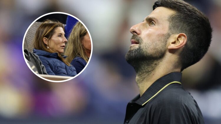 Image of Novak Djokovic reacting during his match against Cameron Norrie at the 2025 US Open, inset of Monica Seles watching Carlos Alcaraz play at...