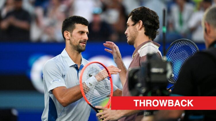 Novak Djokovic and Taylor Fritz shake hands after their 2024 Australian Open match, throwback label