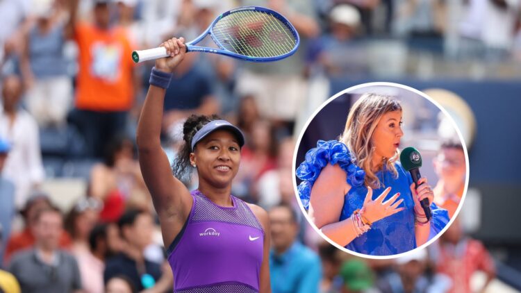 Naomi Osaka celebrates at the 2025 US Open after knocking Coco Gauff out in the fourth round, with an inset of Marion Bartoli at Roland Garros.