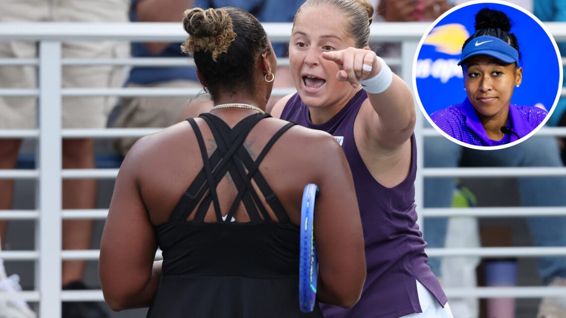 Jelena Ostapenko of Latvia argues with Taylor Townsend of the United States following their Women's Singles Second Round match on Day Four of the 2...