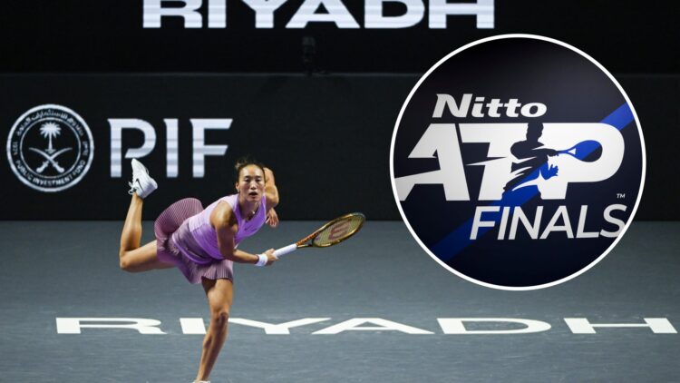 Qinwen Zheng plays at the 2024 WTA Finals, inset the ATP Finals logo in 2024