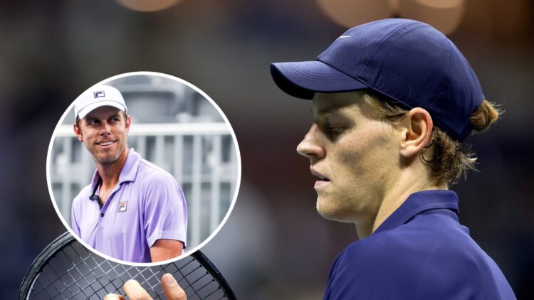 Jannik Sinner preparing for a point against Lorenzo Musetti at the US Open, with an inset of Sam Querrey reacting at the 2022 Atlanta Open.