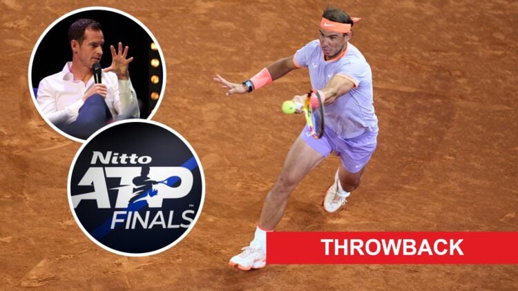 Rafael Nadal of Spain in action against Jiri Lehecka of the Czech Republic during their Men's Round of 16 match on day eight of the Mutua Madrid Op...