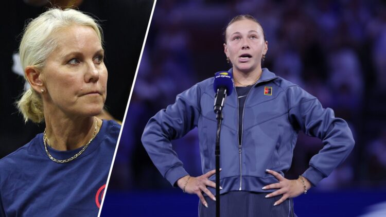 Split image of Rennae Stubbs looking on at the 2022 US Open and Amanda Anisimova speaking on court after losing the 2025 US Open