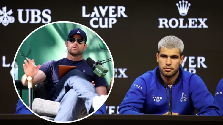 Carlos Alcaraz at a Laver Cup press conference, with an inset of Andy Roddick speaking at a Served Live event.