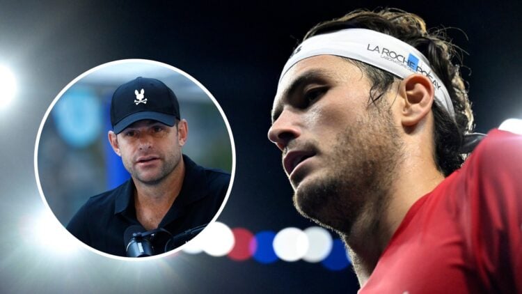 Taylor Fritz reacts at the 2025 Laver Cup, with an inset of Andy Roddick speaking at the 2025 US Open.