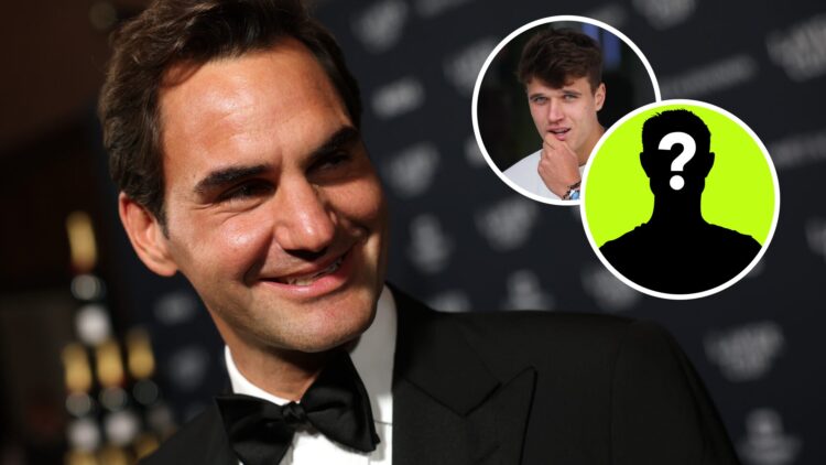 Image of Roger Federer looking on ahead of the 2025 Laver Cup, inset of Jakub Mensik looking on ahead of the 2025 Madrid Open, inset of a male myst...