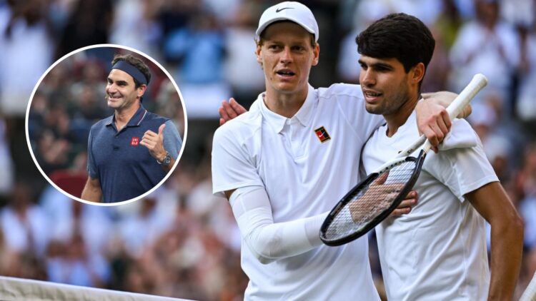 Jannik Sinner and Carlos Alcaraz embrace after their 2025 Wimbledon final, inset Roger Federer attends fans day at the 2024 Shanghai Rolex Masters