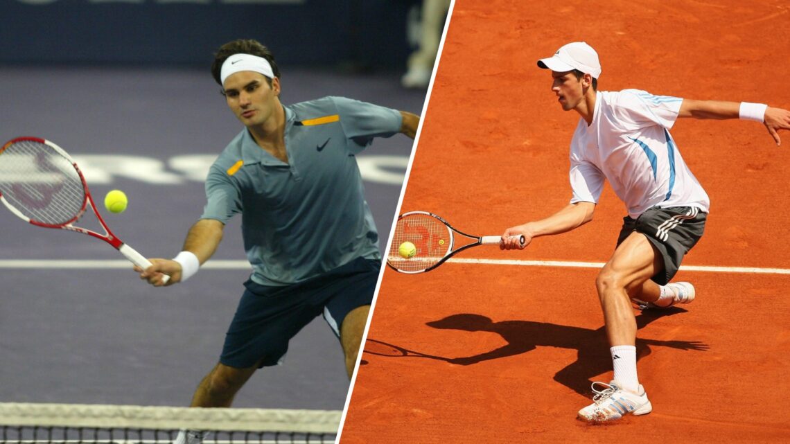 Split image of Roger Federer playing at the 2006 Tennis Masters Cup and Novak Djokovic playing at the 2006 French Open