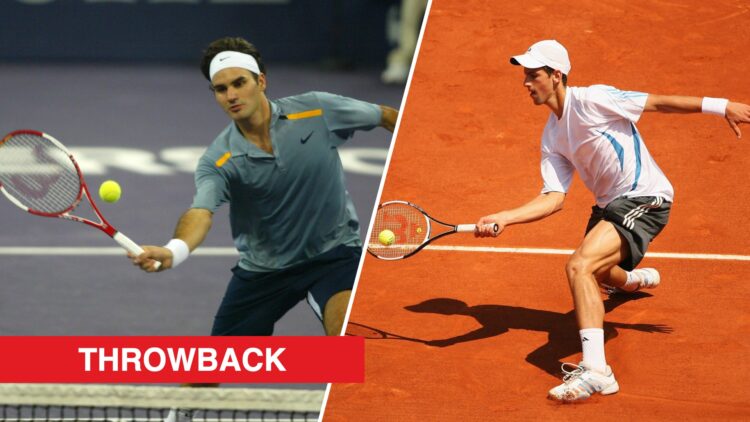 Split image of Roger Federer playing at the 2006 Tennis Masters Cup and Novak Djokovic playing at the 2006 French Open, throwback label added