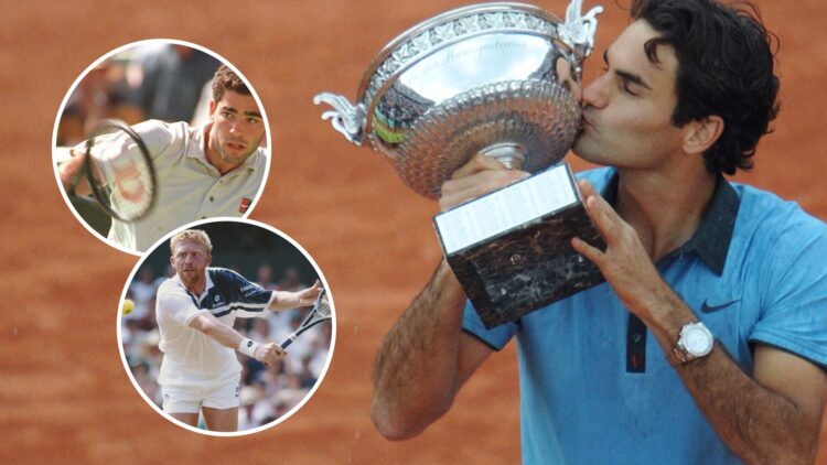 Roger Federer kisses the 2009 French Open trophy, insets Pete Sampras plays at the 1995 Colonial Classic at Kooyong and Boris Becker plays at Wimbl...
