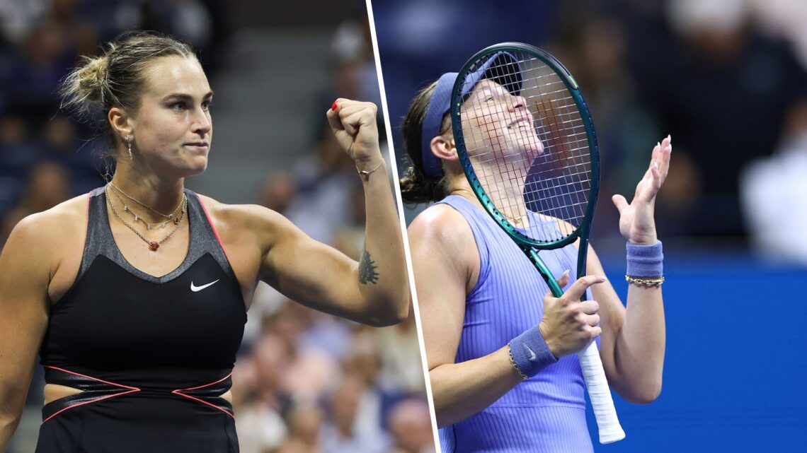 Left: Aryna Sabalenka celebrates beating Jessica Pegula and Right: Amanda Anisimova reaches another final
