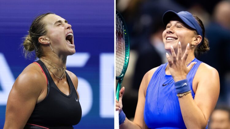 Aryna Sabalenka (L) celebrates her semifinal win at the 2025 US Open, Amanda Anisimova (R) reacts after reaching the US Open final.