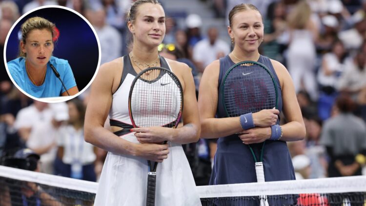 Aryna Sabalenka and Amanda Anisimova of the United States pose prior to the Women's Singles Final match on Day Fourteen of the 2025 US Open at USTA...