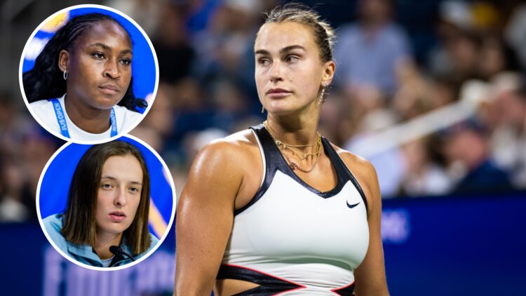 Aryna Sabalenka in action against Cristina Bucsa of Spain in the fourth round on Day 8 of the US Open at USTA Billie Jean King National Tennis Cent...