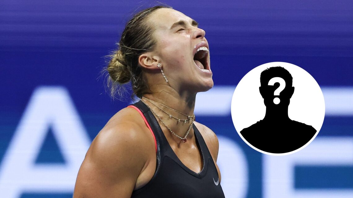 Aryna Sabalenka celebrates at the US Open, with a mystery inset.