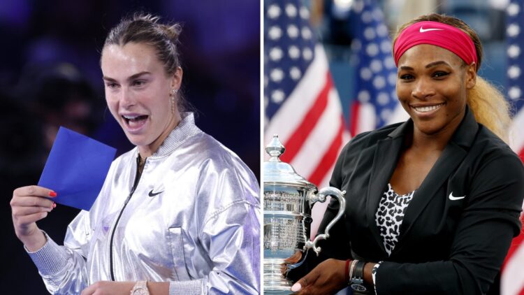 Aryna Sabalenka (L) at the 2025 US Open women's singles award ceremony, Serena Williams (R) holds the trophy after winning the 2014 US Open.