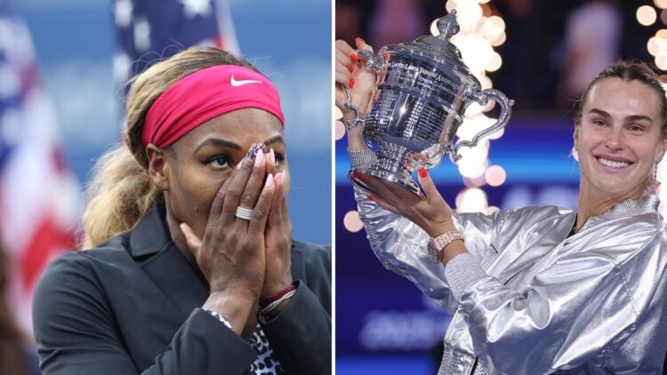 Split image of Serena Williams reacting after winning the 2014 US Open and Aryna Sabalenka lifting her 2025 US Open trophy