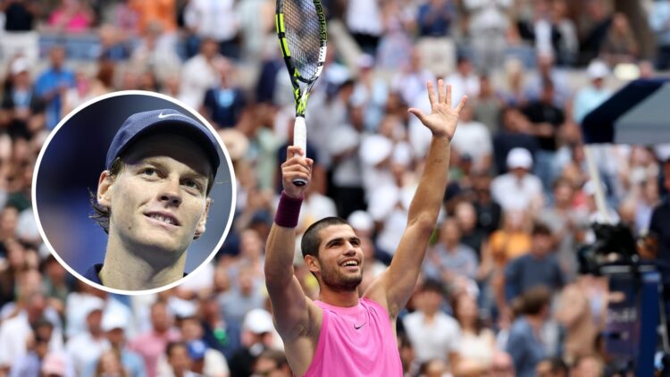 Carlos Alcaraz celebrates after reaching the US Open final, with an inset of Jannik Sinner reacting after defeating Lorenzo Musetti in the 2025 US ...