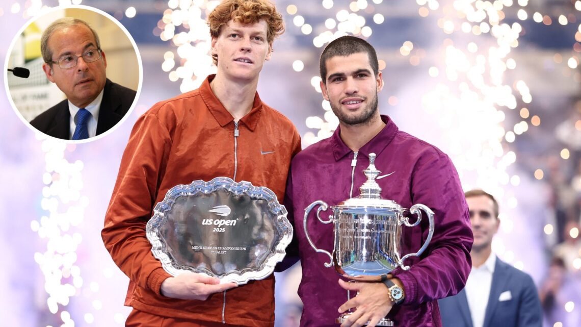 Spain's Carlos Alcaraz and Italy's Jannik Sinner pose with their trophies after Alcaraz won the men's singles final tennis match on day fifteen of ...
