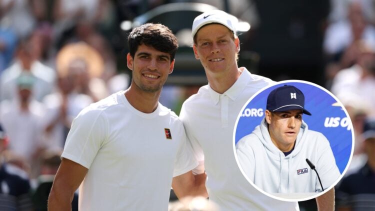 Jannik Sinner and Carlos Alcaraz meet at the net before the 2025 Wimbledon final, with an inset of John Isner at a US Open press conference.