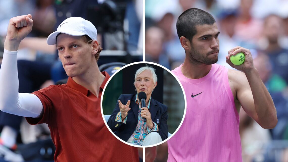Split image of Jannik Sinner of Italy acknowledges the crowd after defeating Denis Shapovalov of Canada following their Men's Singles Third Round m...