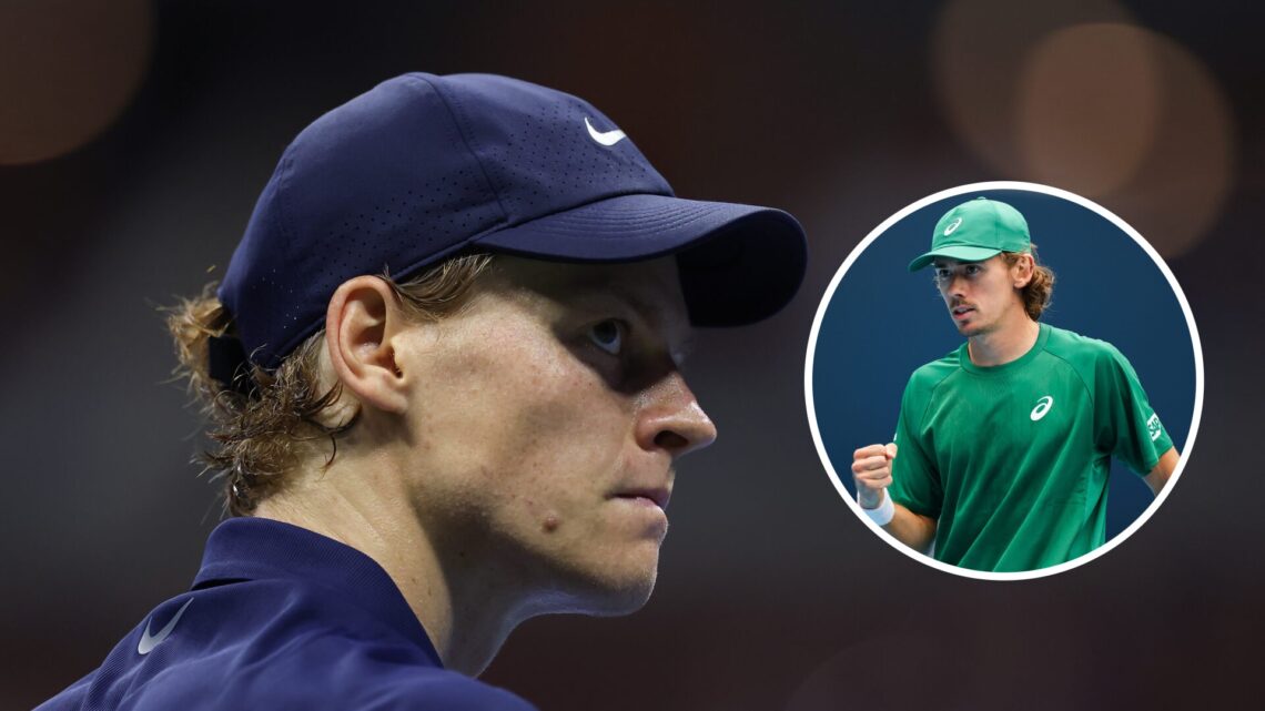 Jannik Sinner looks on at the US Open in 2025, with an inset of Alex de Minaur reacting at the 2025 China Open.