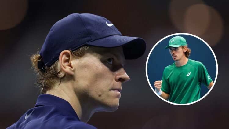 Jannik Sinner looks on at the US Open in 2025, with an inset of Alex de Minaur reacting at the 2025 China Open.
