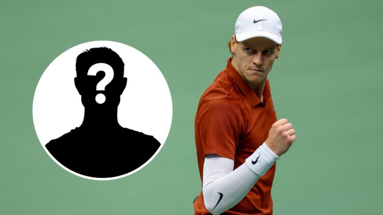 Jannik Sinner celebrates during his defeat to Carlos Alcaraz at the 2025 US Open, with a mystery inset.