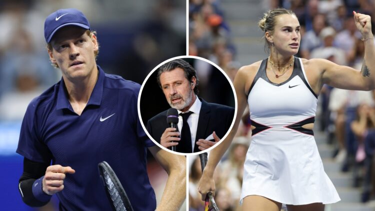 Split image of Jannik Sinner of Italy reacts against Felix Auger-Aliassime of Canada during their Men's Semifinal match on Day Thirteen of the 2025...