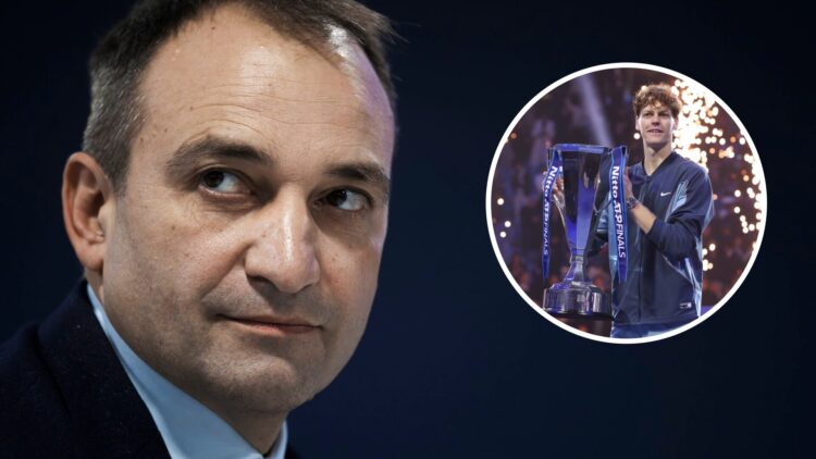 Image of Stefano Lo Russo attending the closing press conference at the 2024 ATP Finals, inset of Jannik Sinner celebrating with the ATP Finals tro...